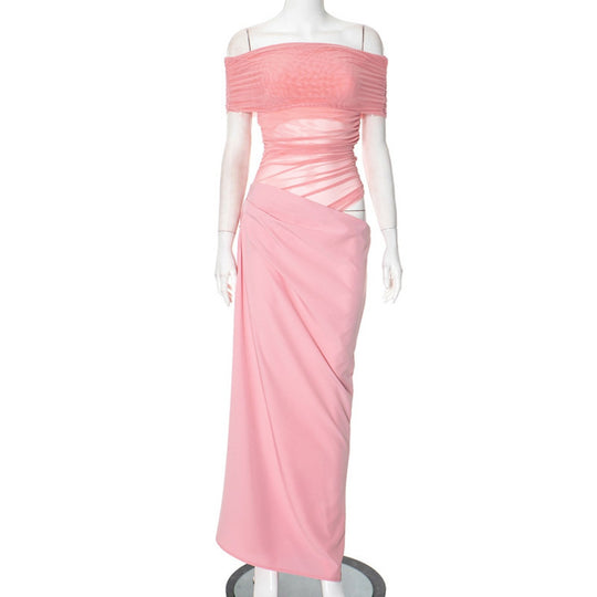 EB | Ein-Wort-Kragen-Plissee-Kleid aus Mesh mit diagonaler Spanne