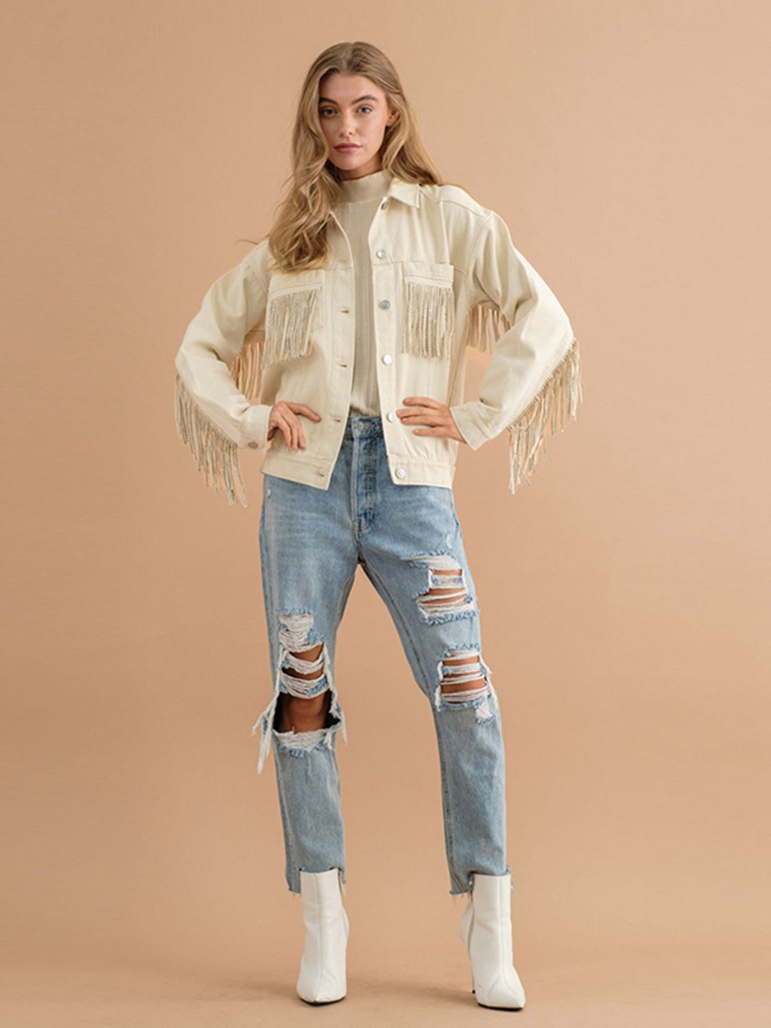 EB | Fransen-Detail Gefallene Schulter Denimjacke