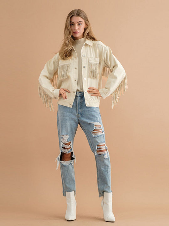 EB | Fransen-Detail Gefallene Schulter Denimjacke