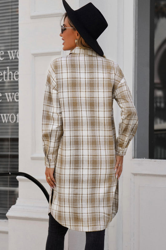 EB | Karierter Button-Up Longline Shacket mit Brusttaschen