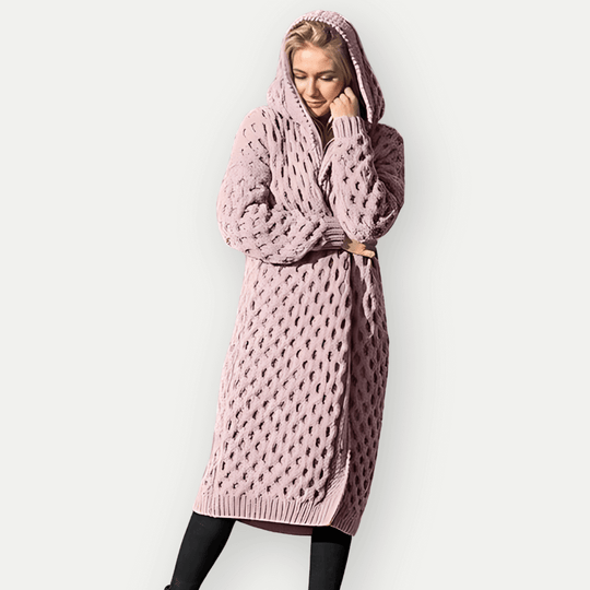 EB | Strickjacke - Lockere Passform - Langes Modell - Kapuze - Zopfmuster - Offene Vorderseite