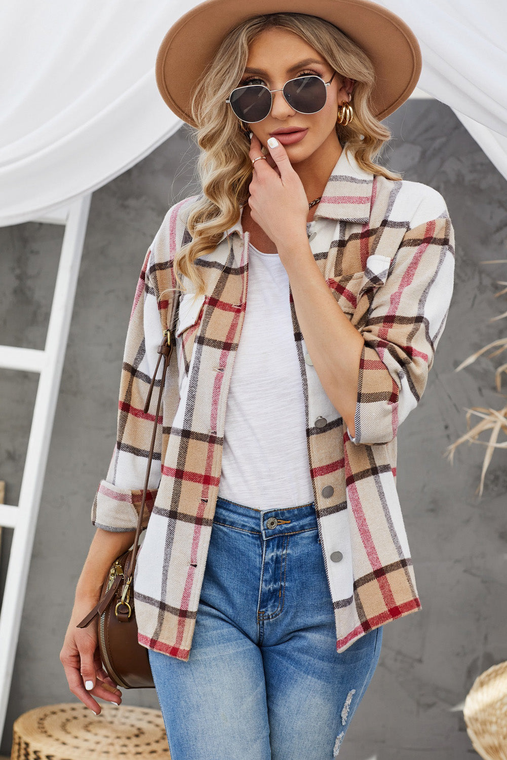 EB | Karierte Button-Up Shirtjacke mit fallenden Schultern