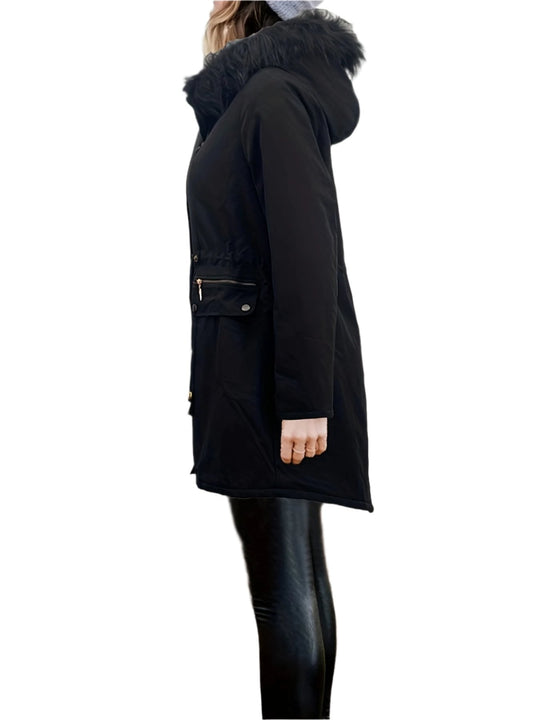 EB | Pelz Winterjacke für Damen - mit Kapuze und Taschen
