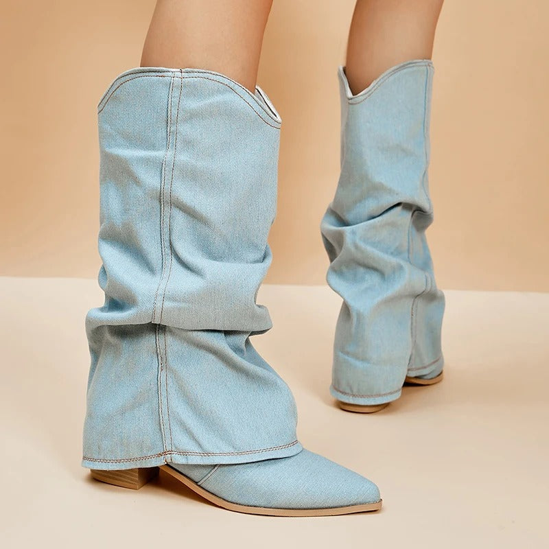 Denim-Stiefel für Frauen mit Blockabsätzen EB