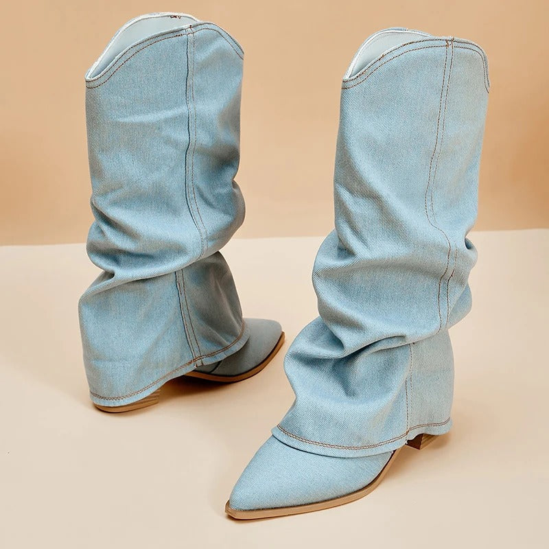 Denim-Stiefel für Frauen mit Blockabsätzen EB