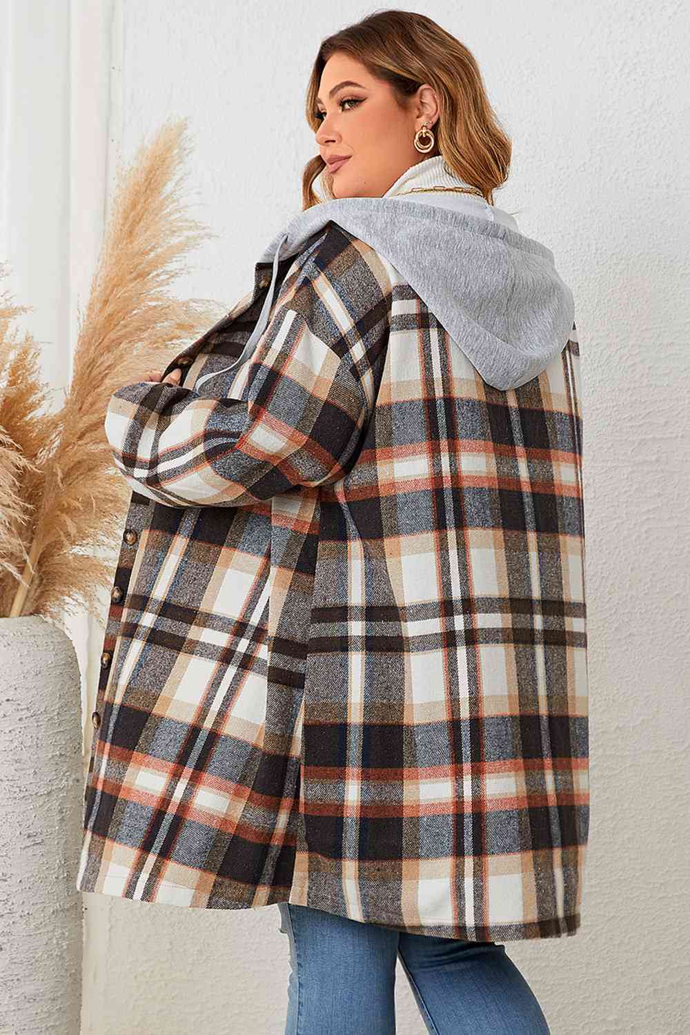 EB | Plus Size Karo Drop-Shoulder Kapuzenmantel
