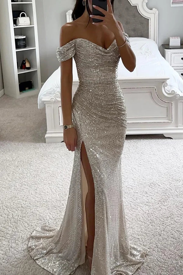 EB | Pailletten Off-Shoulder Raffung Schlitz Abend Maxi Kleid