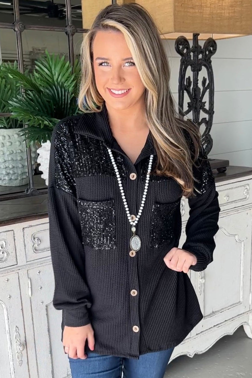 EB | Gerippte Blusenjacke mit Pailletten-details Polyester-mischung Festlich und Trendy
