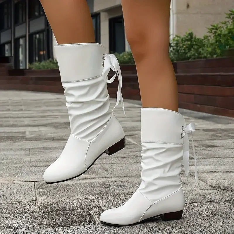 EB | Damenmode Schnürung Chunky Heel Stiefel Bis Zur Wade