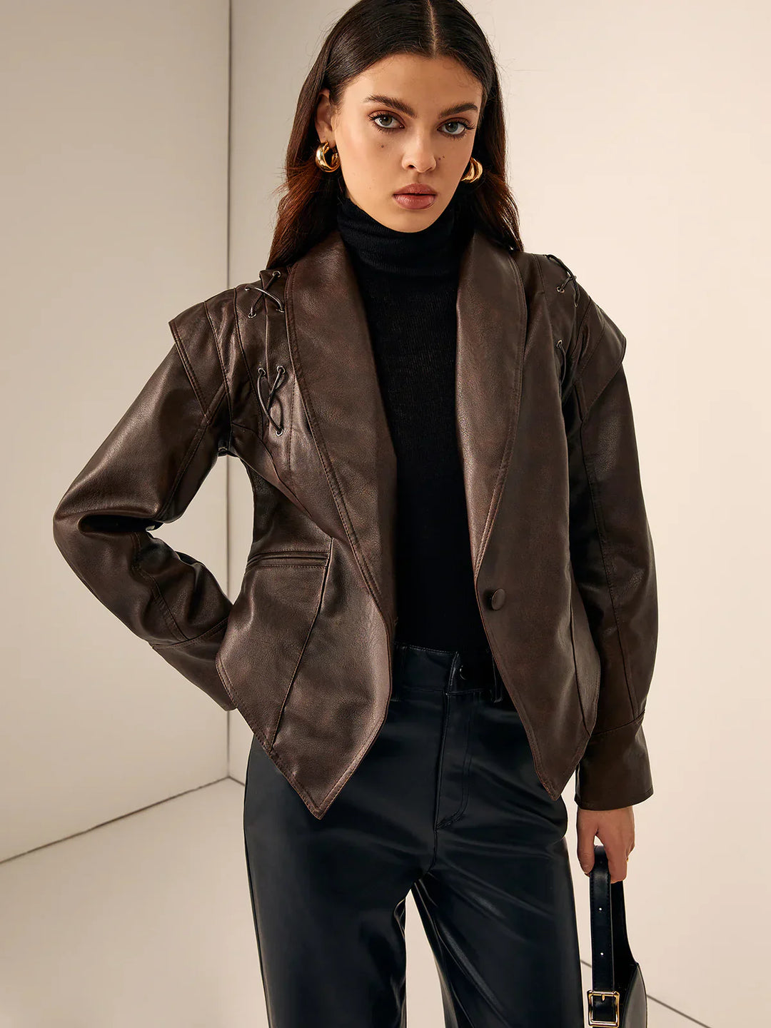 EB | Leder Schnür Lapel Kragen Blazer Jacke
