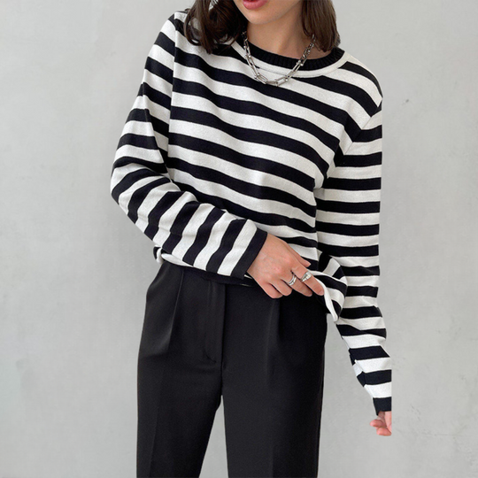 EB | Damen Gestreiftes Rundhalslangarm-Top