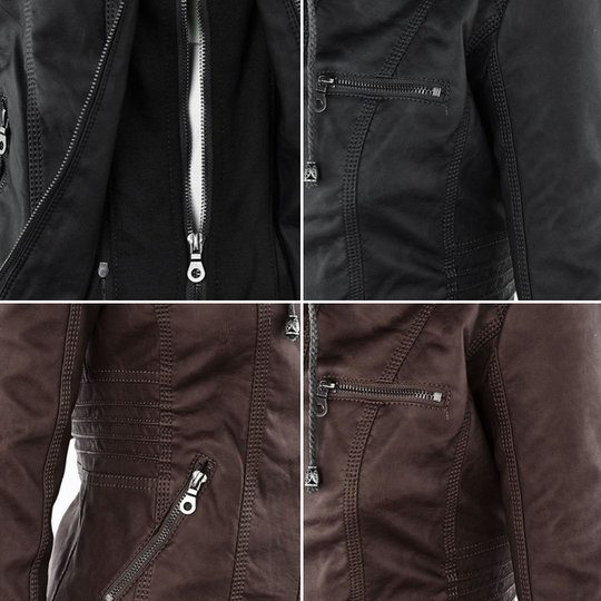 EB | Doppellagige Lederjacke mit Kapuze - Warmer und Stilvoller Damenmantel