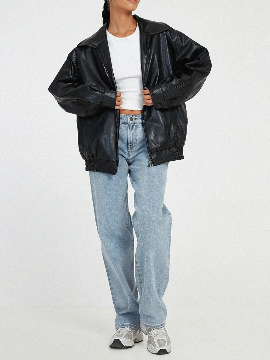 EB | Zip-Up Bikerjacke - Oversized Passform mit gerafftem Saum