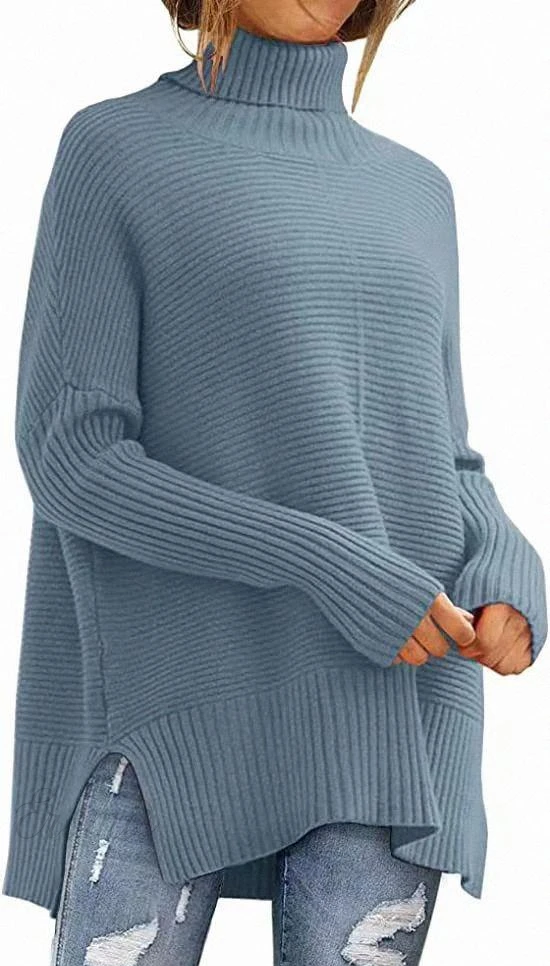 EB | Moderner blauer Schlitz-Turtleneck-Strickpullover mit Fledermausärmeln Ideal für den Winter