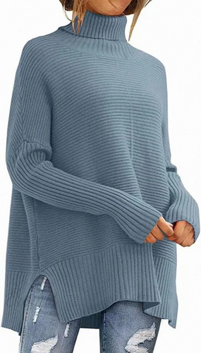 EB | Moderner blauer Schlitz-Turtleneck-Strickpullover mit Fledermausärmeln Ideal für den Winter