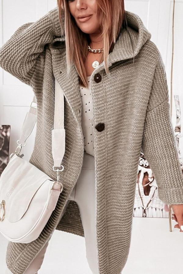 EB | Strickjacke Grobstrick Kapuze Lang Knopfverschluss