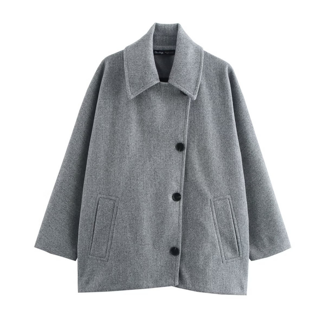 EB | Mantel Oversized Passform Woll-Look Fledermausärmel Knopfverschluss Eingeknickter Kragen