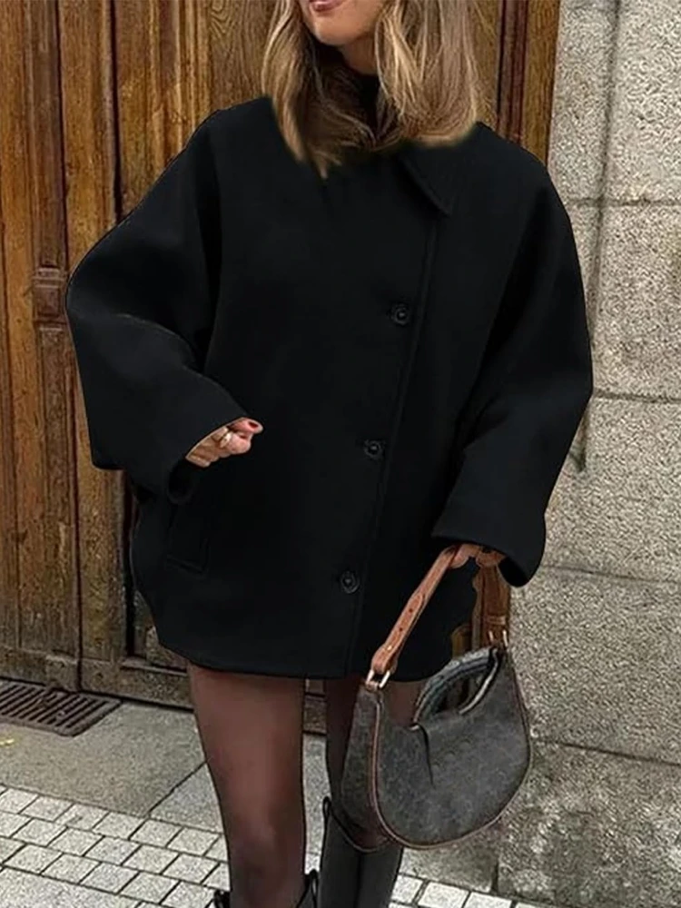 EB | Mantel Oversized Passform Woll-Look Fledermausärmel Knopfverschluss Eingeknickter Kragen