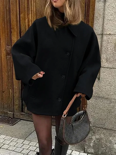EB | Mantel Oversized Passform Woll-Look Fledermausärmel Knopfverschluss Eingeknickter Kragen