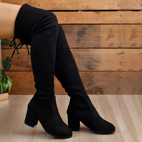 EB | Über Knie Stiefel Stretch Fit Wildleder Ähnliche Oberfläche Blockabsatz Schnürung Hinten