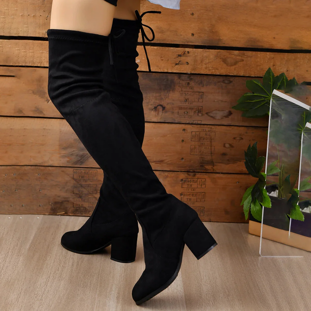 EB | Über Knie Stiefel Stretch Fit Wildleder Ähnliche Oberfläche Blockabsatz Schnürung Hinten