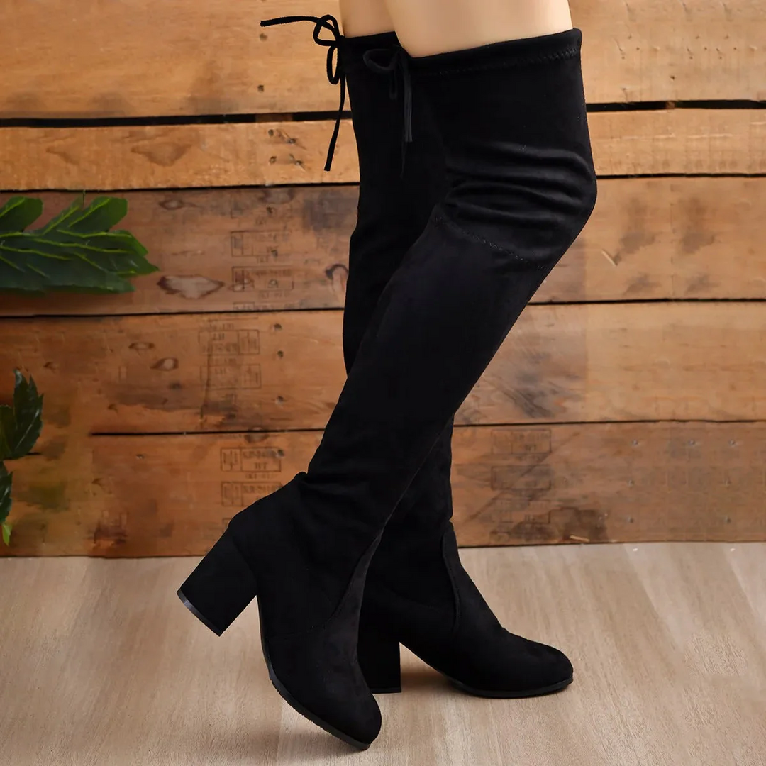 EB | Über Knie Stiefel Stretch Fit Wildleder Ähnliche Oberfläche Blockabsatz Schnürung Hinten