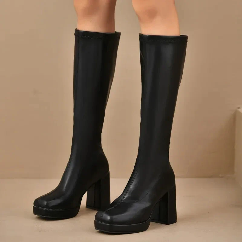 EB | Knöchelhigh Boots Stretch Fit Plattformsohle Blockabsatz Rechte Zehe