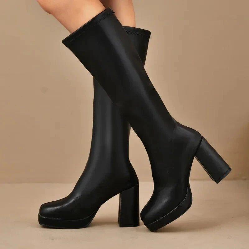 EB | Knöchelhigh Boots Stretch Fit Plattformsohle Blockabsatz Rechte Zehe