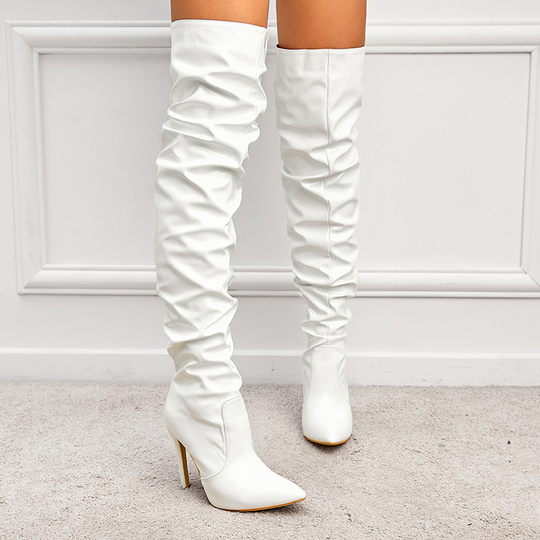 EB | Over the Knee Stiefel Lackleder Spitz Zulaufende Zehen Stiletto Absatz Schlabberpassform