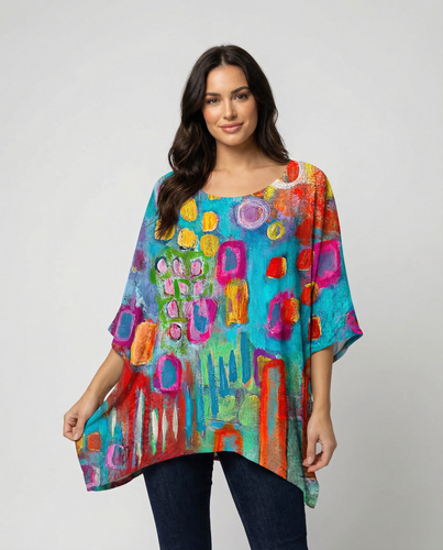 EB | Stylische Lose Bluse mit Farbigen Geometrischen Muster für Frauen