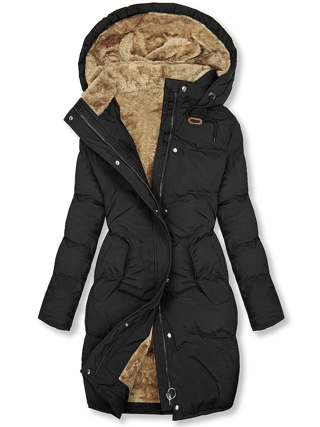 EB | Lange Kapuzen Winter Parka Dick Gepolsterter Mantel mit Fleece Futter