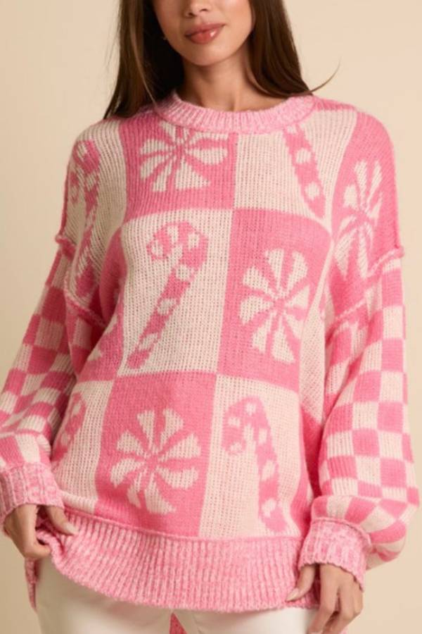EB | Weihnachts-Schneeflocke Bonbon runder Hals langer Ärmel loser gestrickter Pullover