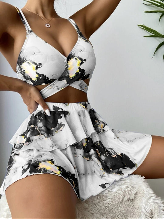 EB | Dreiteiliges Bikini-Set mit Marmordruck