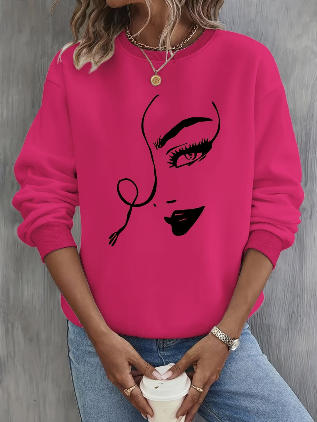 EB | Sweatshirt mit Künstlerischem Gesicht Baumwolle Trendy und Bequem