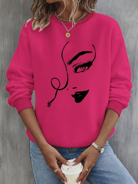 EB | Sweatshirt mit Künstlerischem Gesicht Baumwolle Trendy und Bequem