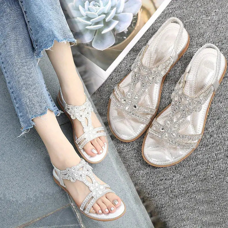 EB | Flache Sandalen - Schick - Elastischer Knöchelriemen