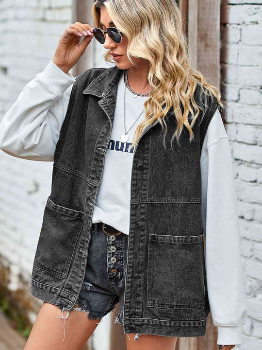 EB | Knopf-Front Ärmellose Jeansjacke
