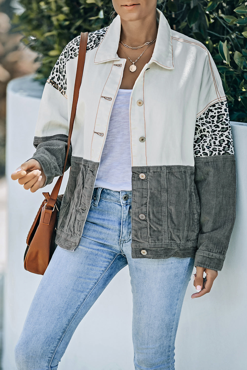 EB | Leopard Farbblock Knopfleiste Cord Baumwolljacke