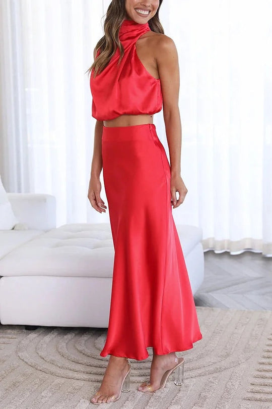 EB | Solch Eine Stimmung Hochgeschlossene Satin Drapiert Maxirock Set