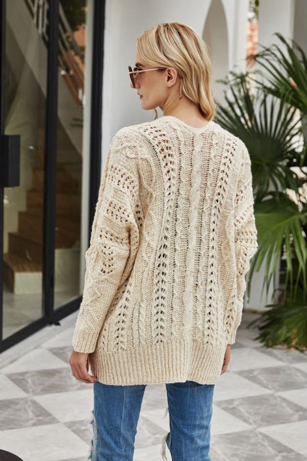 EB | Gerippter Besatz Offenes Strickjacke
