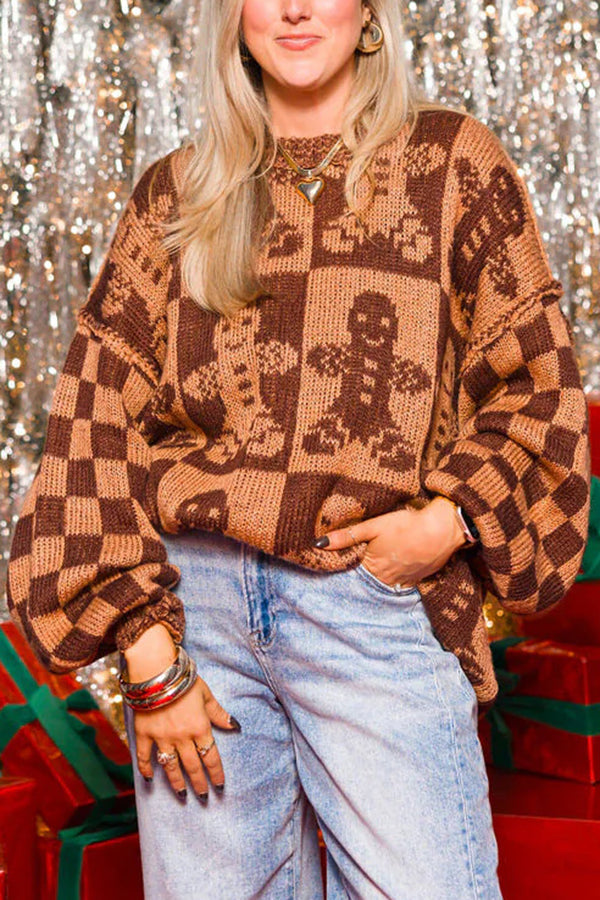 EB | Weihnachtslebkuchenmann Rundhalsausschnitt Langarm Lockere Strickpullover
