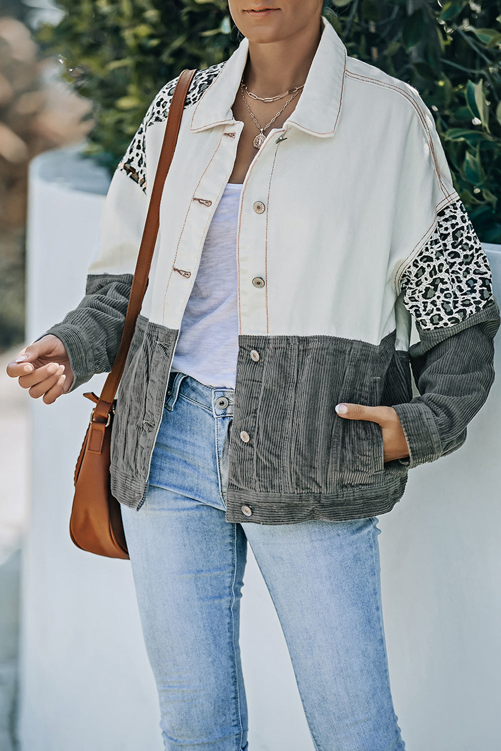 EB | Leopard Farbblock Knopfleiste Cord Baumwolljacke