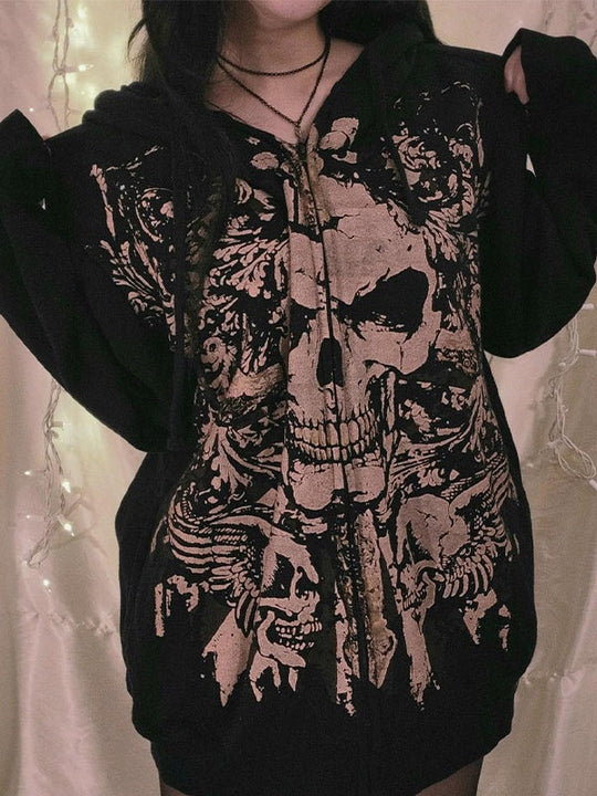 EB | Vintage Schädelprint Oversized Hoodie mit Reißverschluss