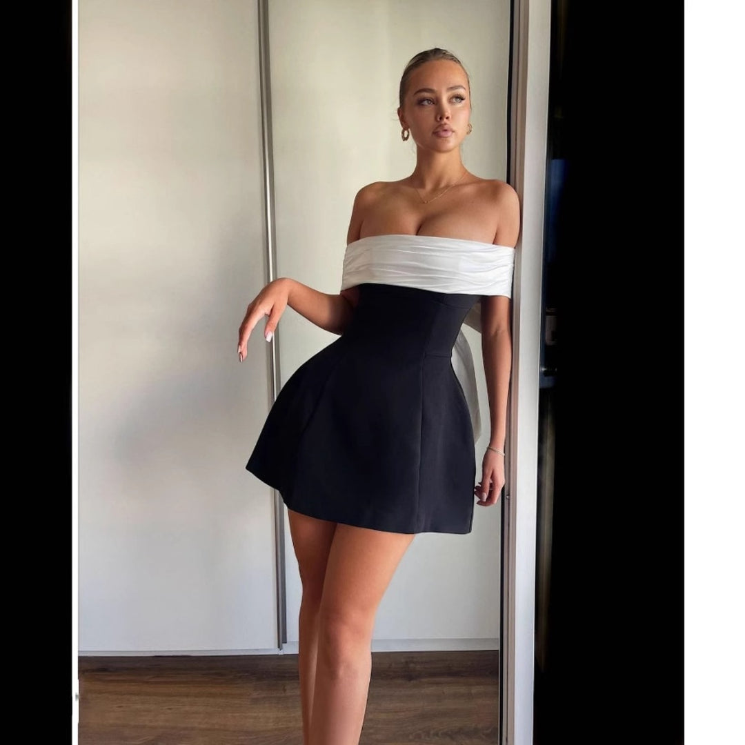 EB | Ein-Wort-Schulter schwarz-weißes Kleid mit kontrastierender Schleife