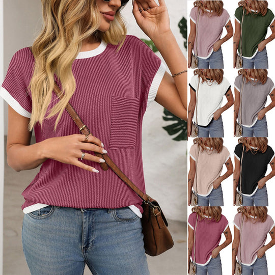 EB | Gestricktes kontrastierendes T-Shirt mit Rundhalsausschnitt