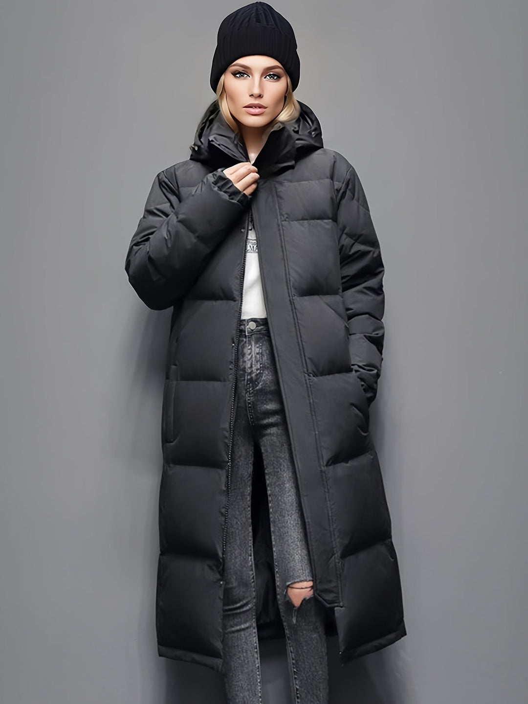 EB | Stylischer Puffer langer Wintermantel mit Kapuze und Polsterung perfekt für Outdoor-Aktivitäten