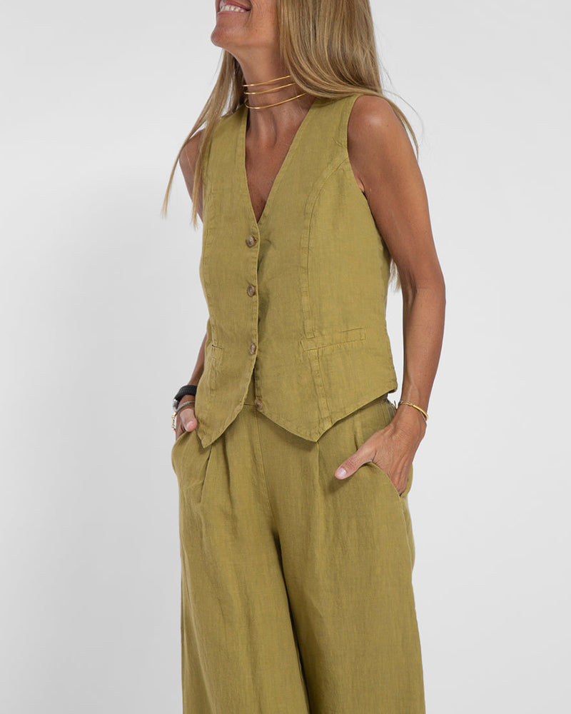 EB | Elegantes 2-Teiliges Set Leinen Weite Hose & Weste