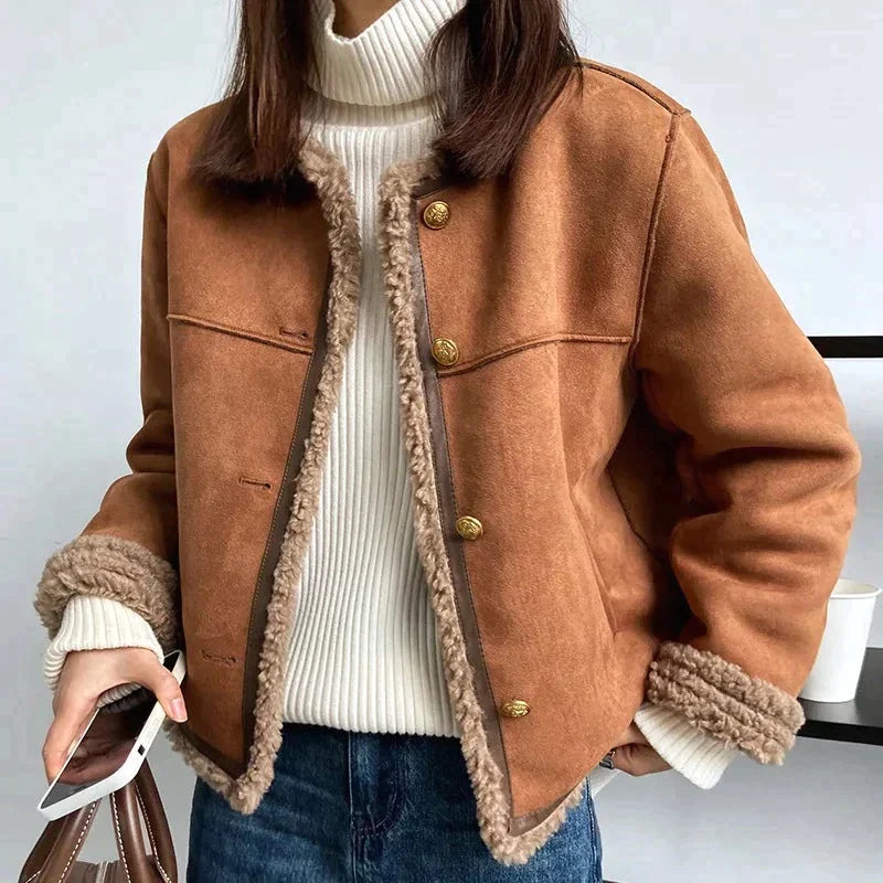 EB | Braune Damenjacke mit Fleecefutter und Knöpfen