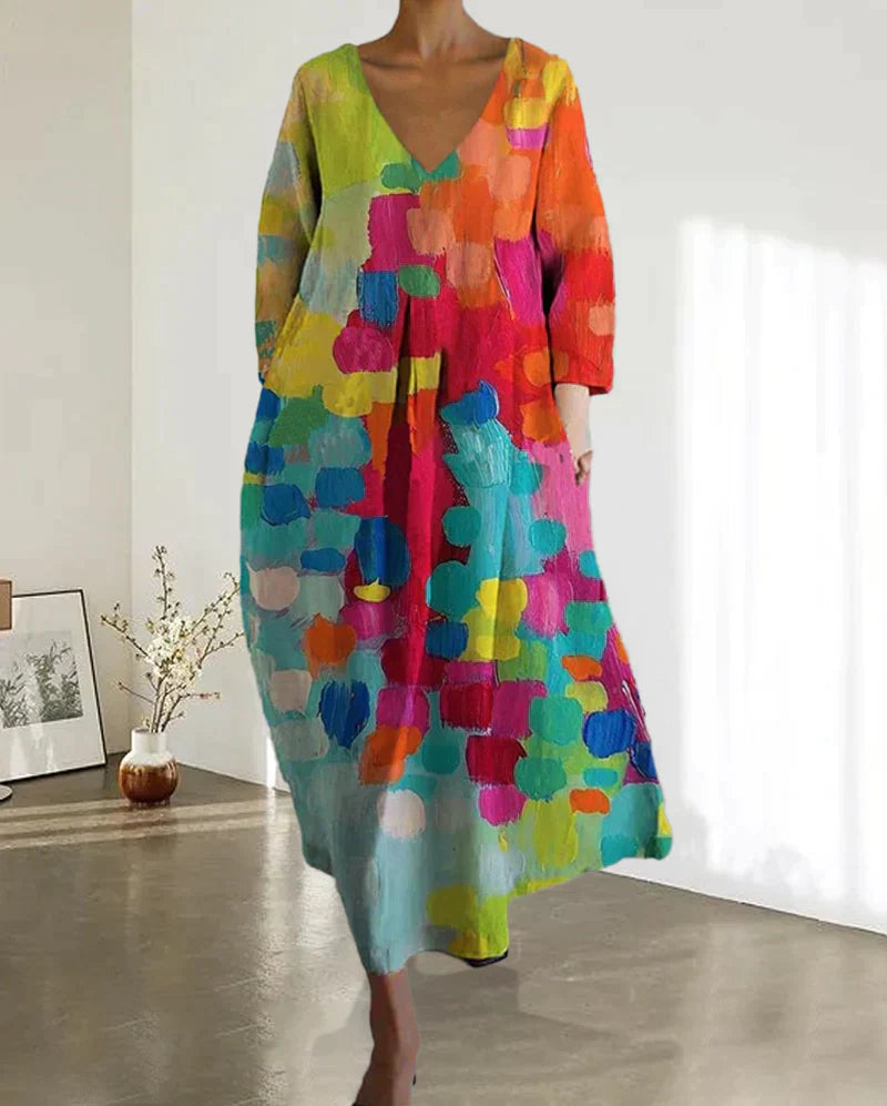 EB | Bunt Bedrucktes Kleid Mit V-Ausschnitt