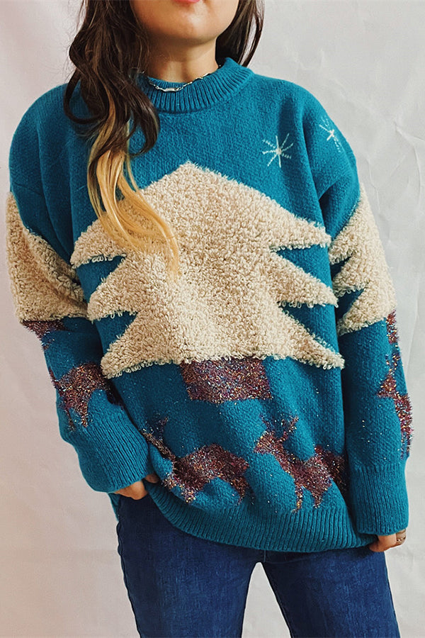 EB | Weihnachtsmuster Gestrickter Rundhalsausschnitt Langarmpullover